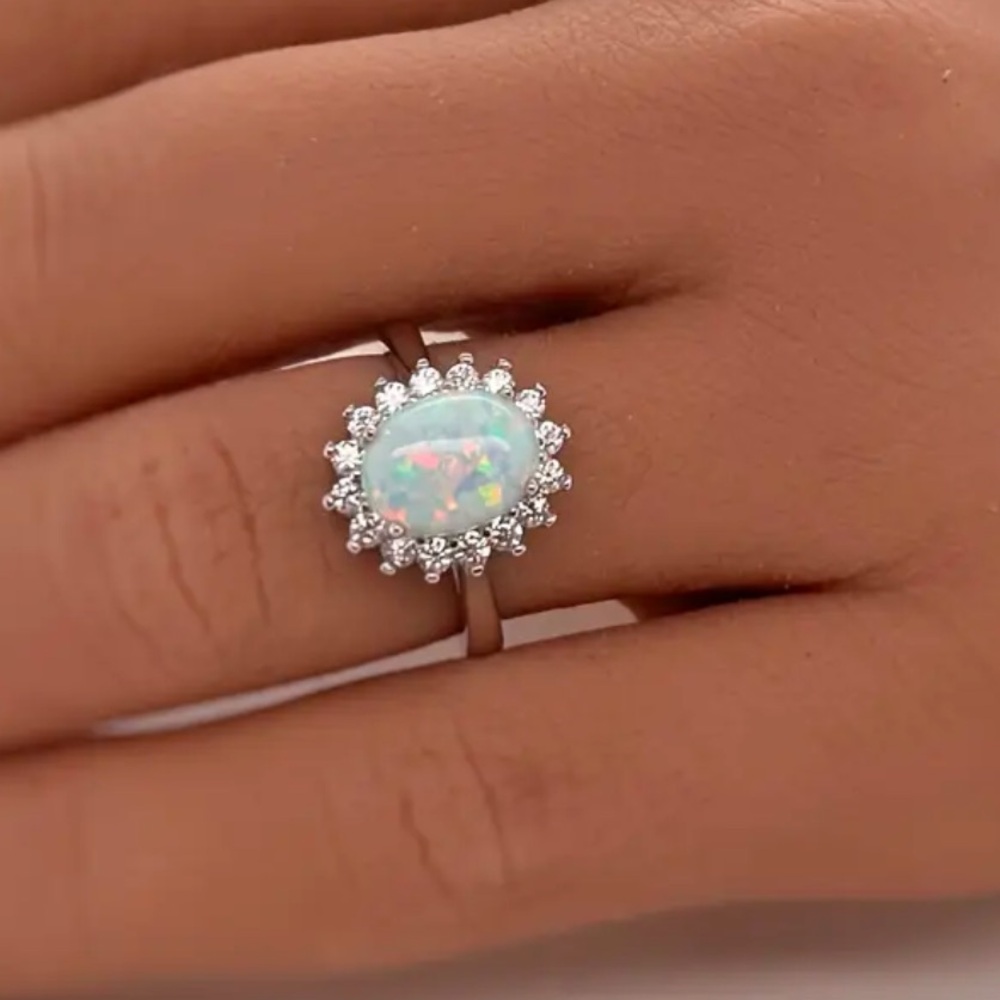 Elegant Silver Opal and Diamond Rhinestone Ring
